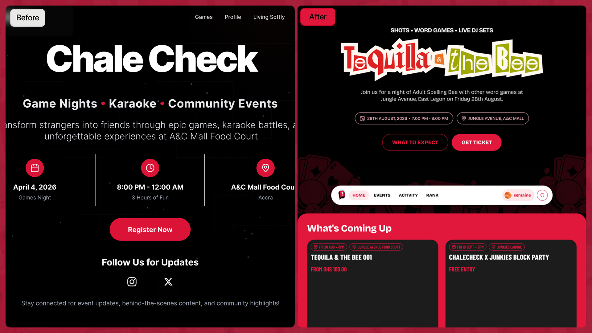 ChaleCheck's landing page before and after its redesign, showing the new event page and the live in-app navigation