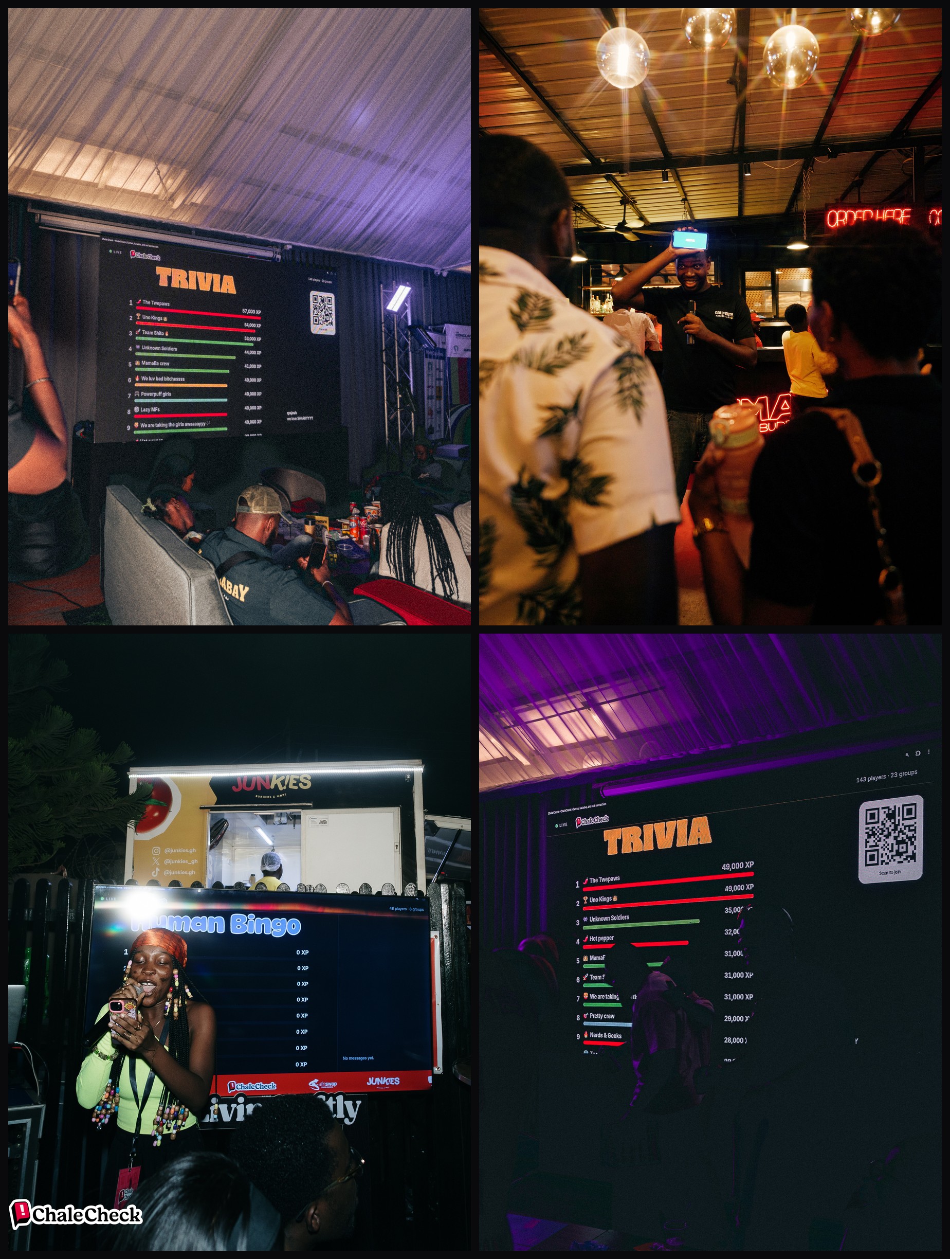 The ChaleCheck live display running Trivia and Human Bingo at game nights, and an experimental charades game where a player holds a phone above their head